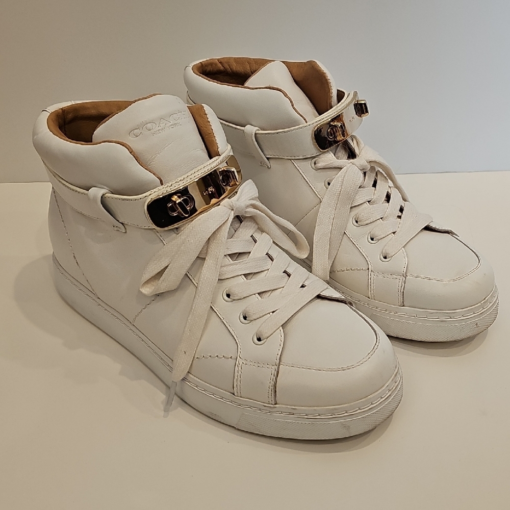 Coach White Leather High-Tops with Gold Buckles